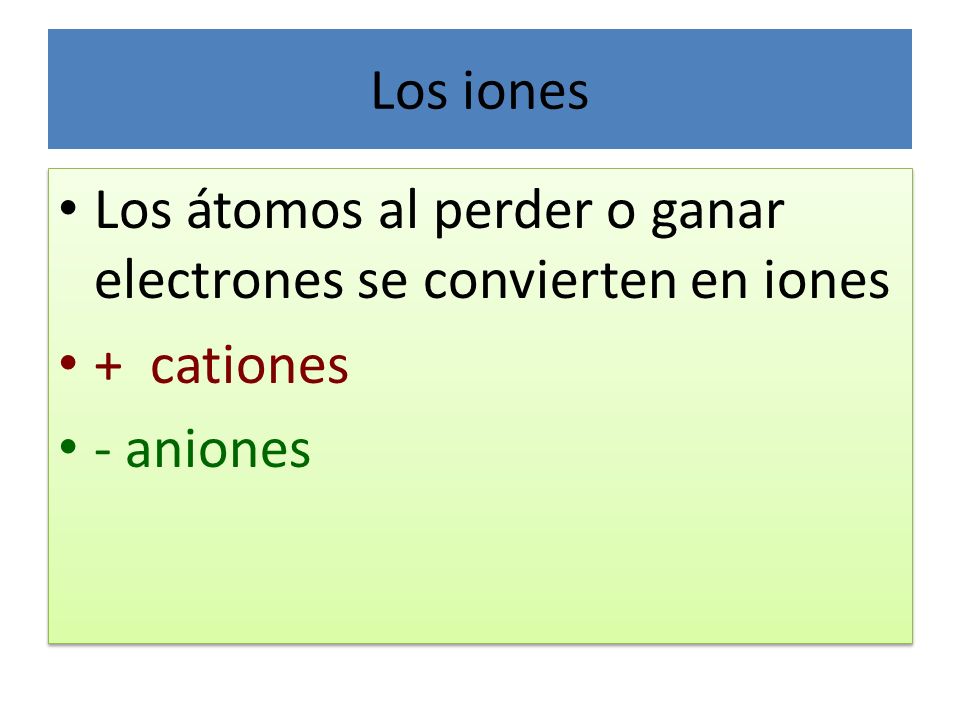 Los iones Los átomos al perder o ganar electrones se convierten en iones + cationes - aniones