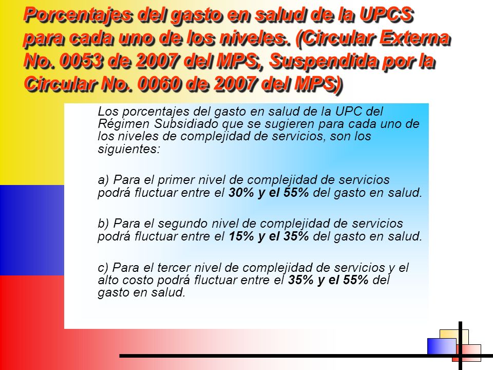 Porcentajes del gasto en salud de la UPCS para cada uno de los niveles