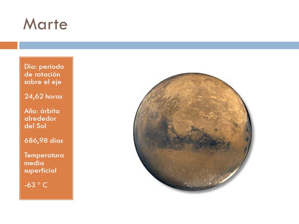 Marte Día: periodo de rotación sobre el eje 24,62 horas
