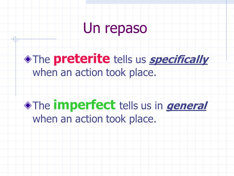 Un repaso The preterite tells us specifically when an action took place.