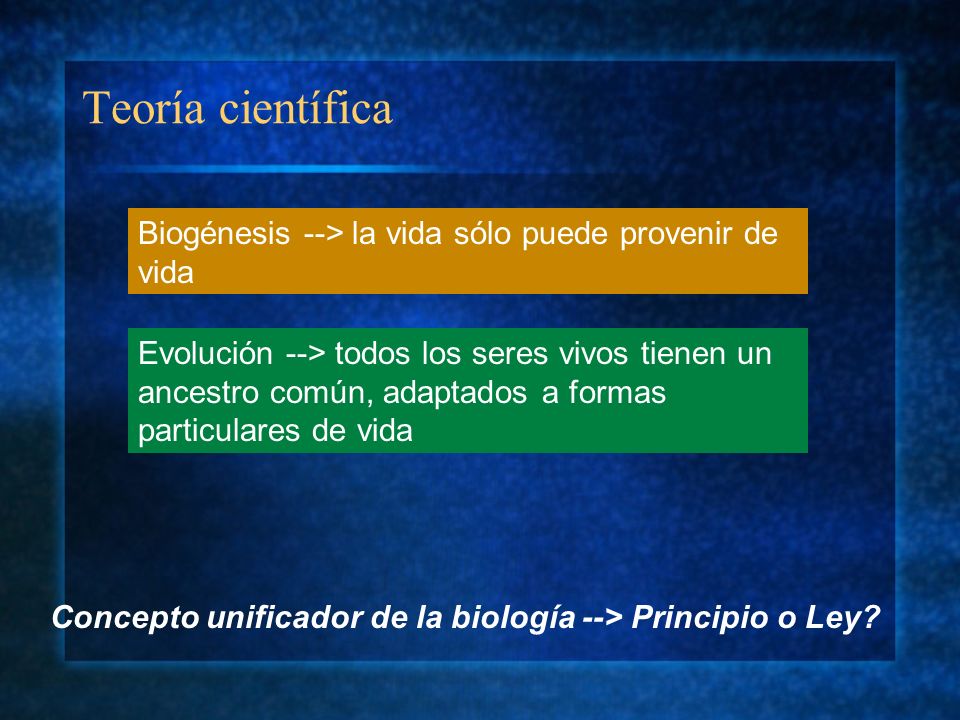 Teoría científica Biogénesis --> la vida sólo puede provenir de vida.