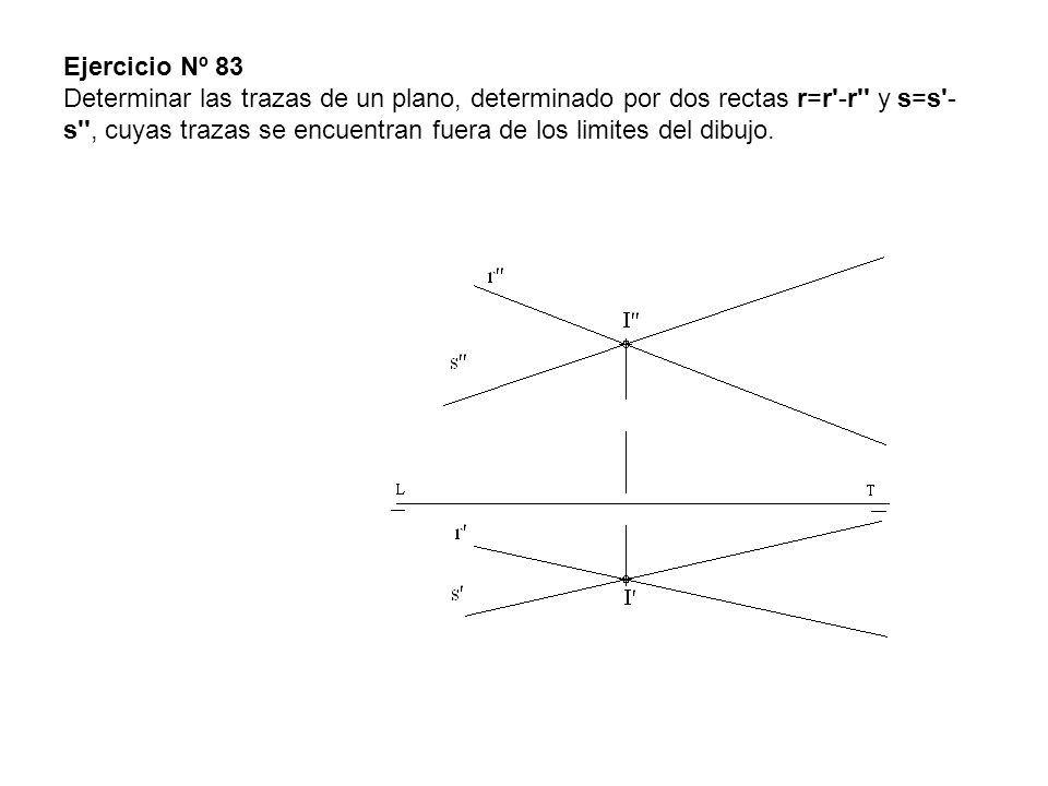 Ejercicio Nº 83 Determinar las trazas de un plano, determinado por dos rectas r=r -r y s=s -s , cuyas trazas se encuentran fuera de los limites del dibujo.