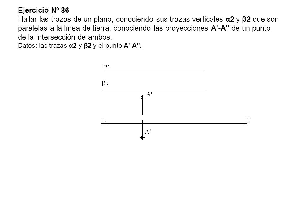 Ejercicio Nº 86 Hallar las trazas de un plano, conociendo sus trazas verticales α2 y β2 que son paralelas a la línea de tierra, conociendo las proyecciones A -A de un punto de la intersección de ambos.