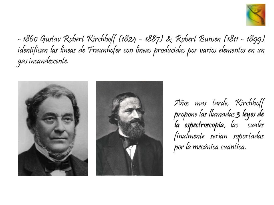 1860 Gustav Robert Kirchhoff ( ) & Robert Bunsen ( ) identifican las líneas de Fraunhofer con líneas producidas por varios elementos en un gas incandescente.