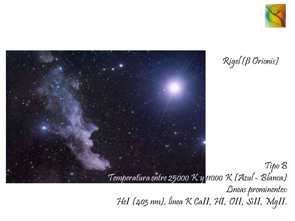 Rigel (β Orionis) Tipo B. Temperatura entre K y K (Azul - Blanca) Líneas prominentes: