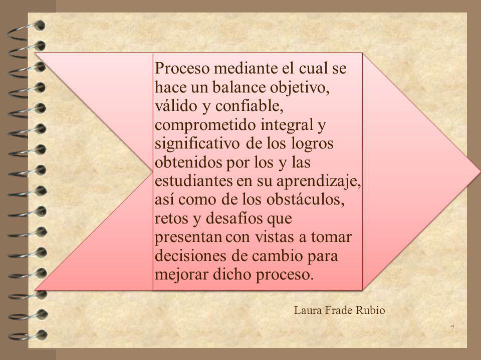 Proceso mediante el cual se hace un balance objetivo, válido y confiable, comprometido integral y significativo de los logros obtenidos por los y las estudiantes en su aprendizaje, así como de los obstáculos, retos y desafíos que presentan con vistas a tomar decisiones de cambio para mejorar dicho proceso.
