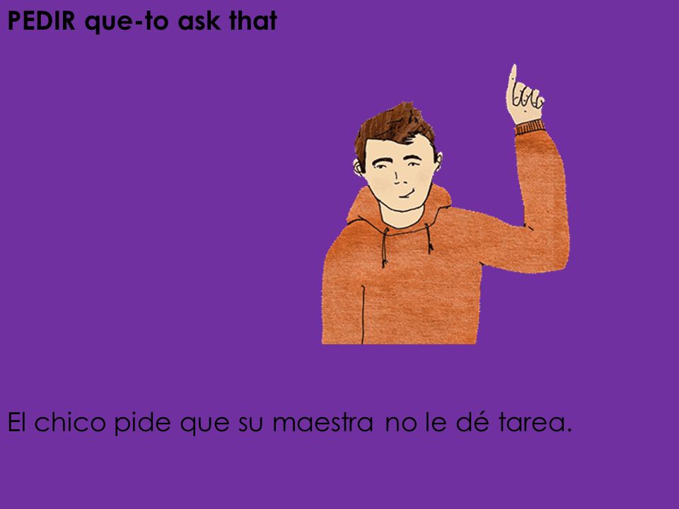 PEDIR que-to ask that El chico pide que su maestra no le dé tarea.