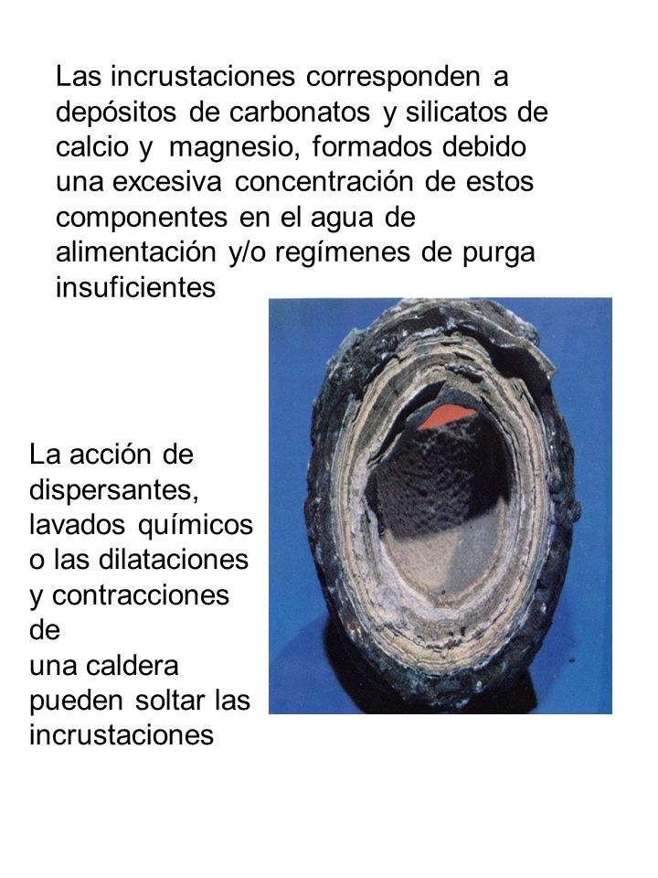 Las incrustaciones corresponden a depósitos de carbonatos y silicatos de calcio y magnesio, formados debido una excesiva concentración de estos componentes en el agua de alimentación y/o regímenes de purga insuficientes