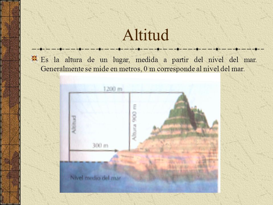 Altitud Es la altura de un lugar, medida a partir del nivel del mar.