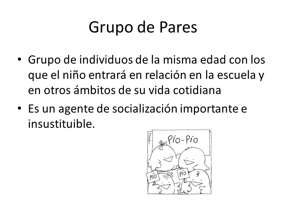 Grupo de Pares Grupo de individuos de la misma edad con los que el niño entrará en relación en la escuela y en otros ámbitos de su vida cotidiana.