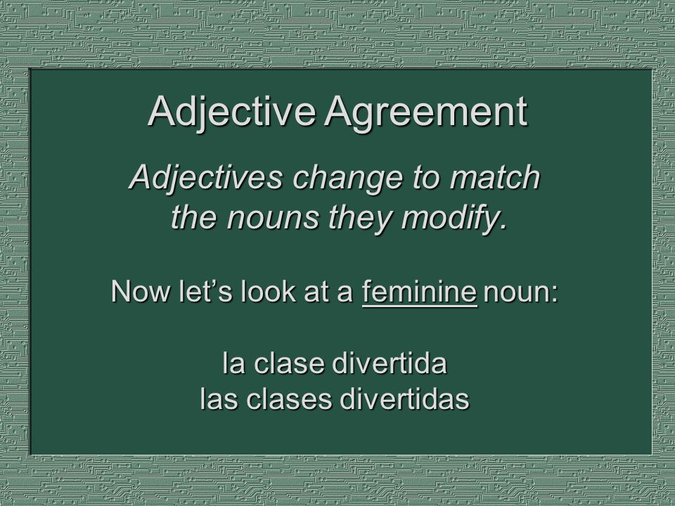 Adjective Agreement Adjectives change to match the nouns they modify.