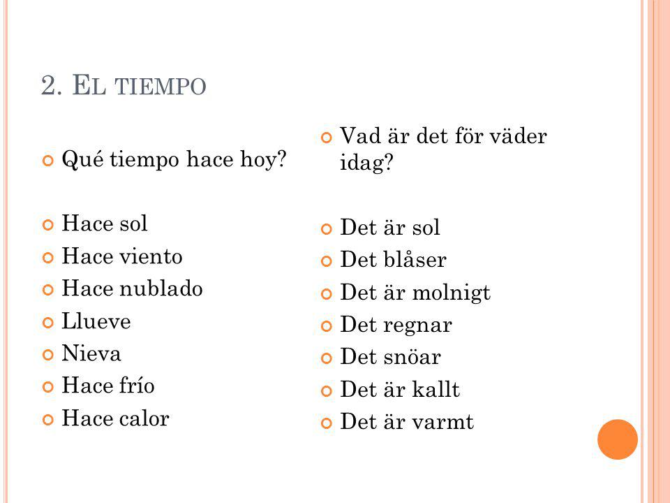 2. El tiempo Vad är det för väder idag Qué tiempo hace hoy