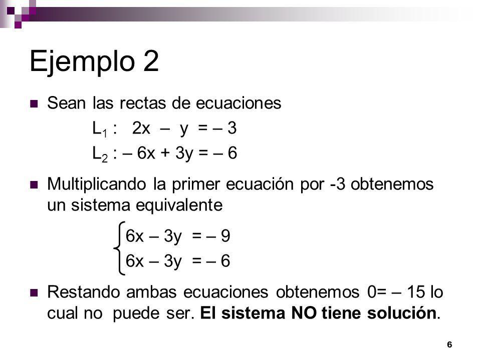 Ejemplo 2 Sean las rectas de ecuaciones L1 : 2x – y = – 3