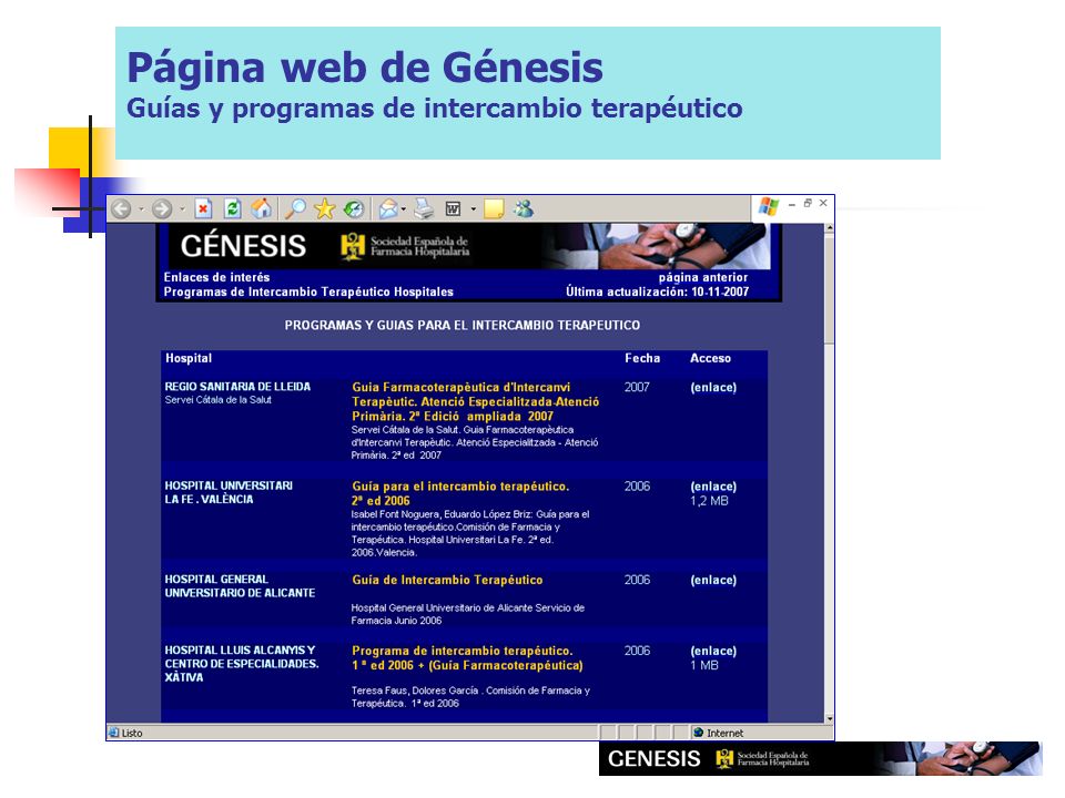 Página web de Génesis Guías y programas de intercambio terapéutico