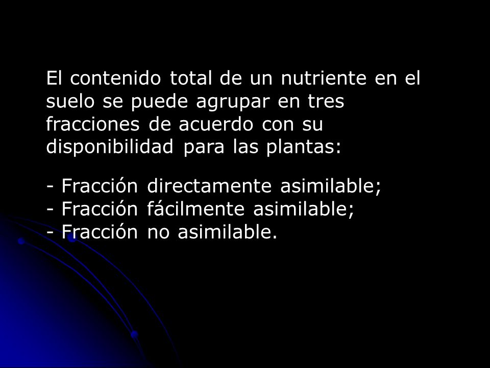 El contenido total de un nutriente en el suelo se puede agrupar en tres fracciones de acuerdo con su disponibilidad para las plantas: