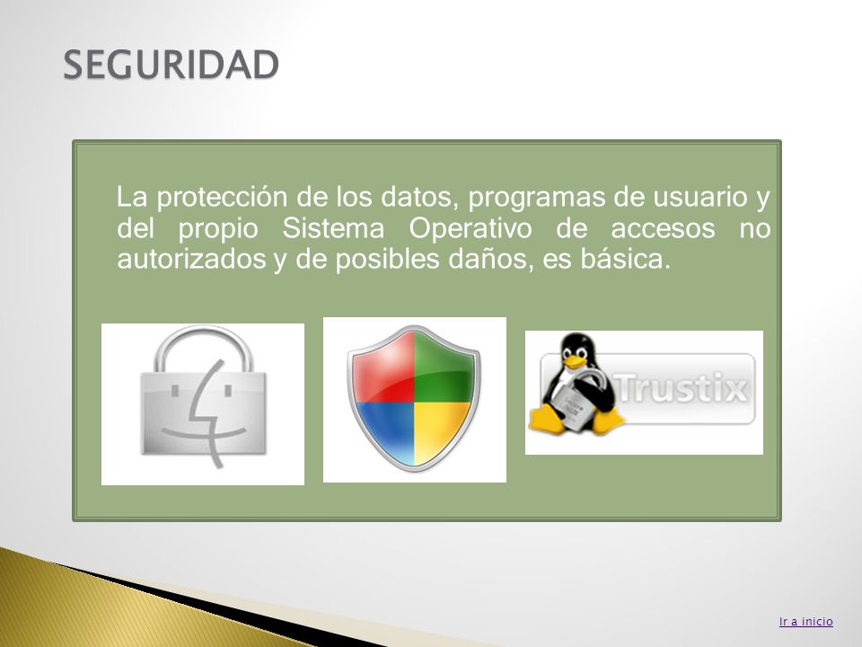 SEGURIDAD La protección de los datos, programas de usuario y del propio Sistema Operativo de accesos no autorizados y de posibles daños, es básica.