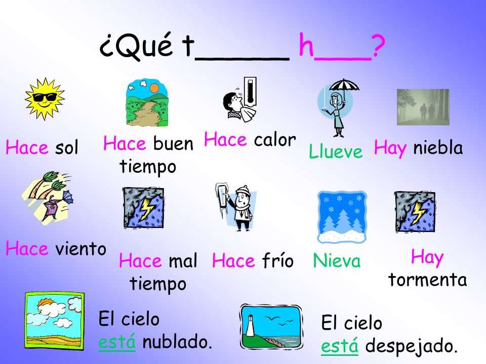 ¿Qué t_____ h___ Hace calor Hace buen tiempo Hace sol Hay niebla