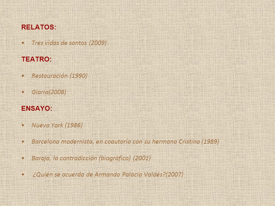 RELATOS: Tres vidas de santos (2009) TEATRO: Restauración (1990) Gloria(2008) ENSAYO: Nueva York (1986)