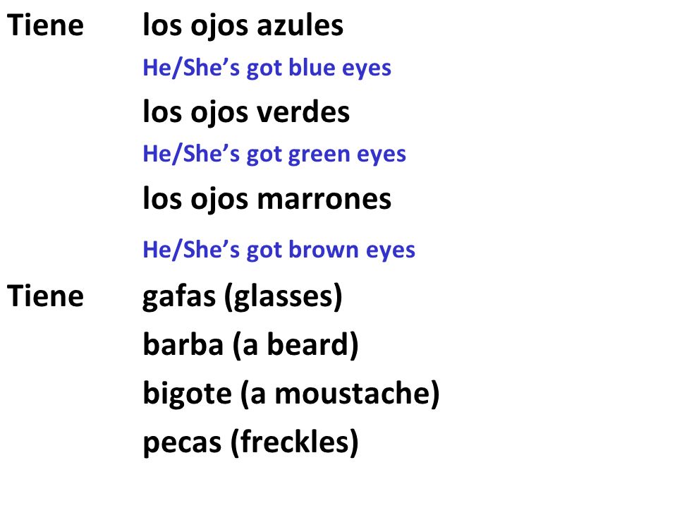 He/She’s got brown eyes Tiene gafas (glasses) barba (a beard)