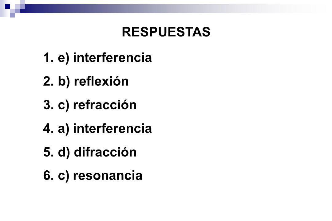 RESPUESTAS e) interferencia b) reflexión c) refracción a) interferencia d) difracción c) resonancia