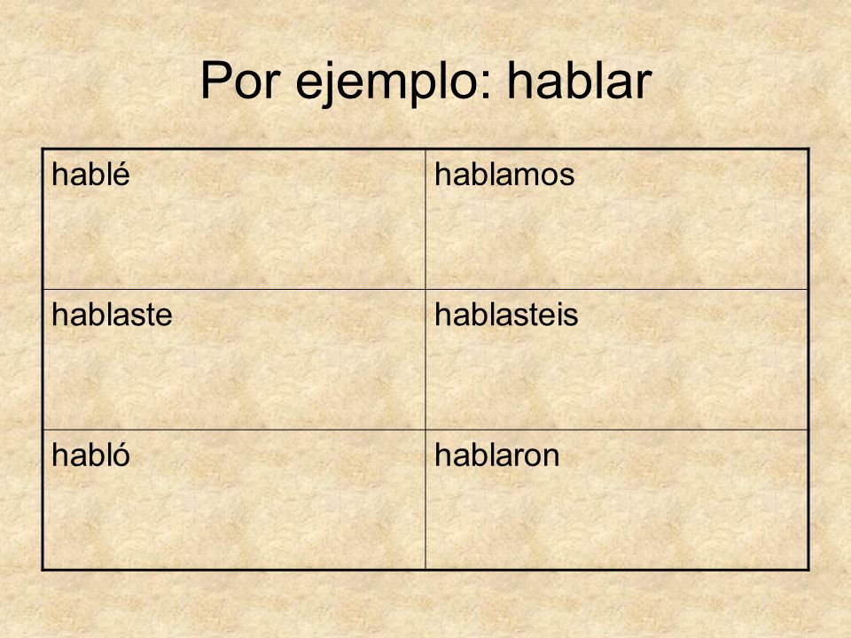 Por ejemplo: hablar hablé hablamos hablaste hablasteis habló hablaron