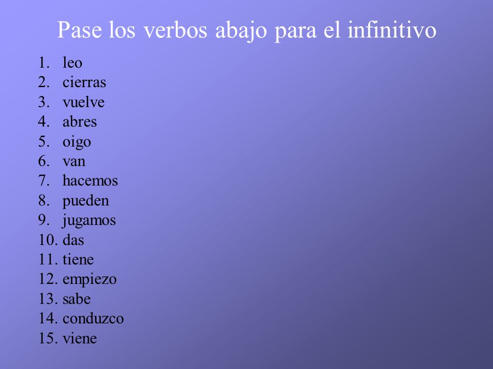 Pase los verbos abajo para el infinitivo