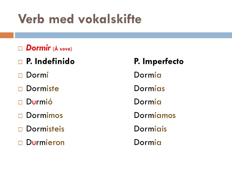 Verb med vokalskifte Dormir (Å sove) P. Indefinido P. Imperfecto