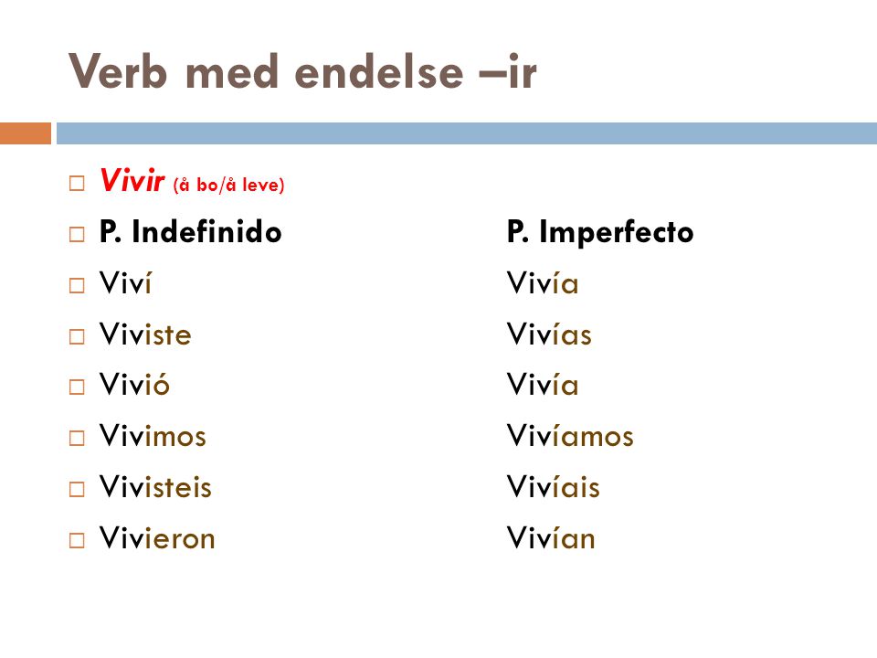 Verb med endelse –ir Vivir (å bo/å leve) P. Indefinido P. Imperfecto