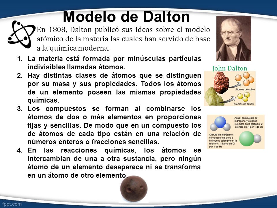 Modelo de Dalton En 1808, Dalton publicó sus ideas sobre el modelo atómico de la materia las cuales han servido de base a la química moderna.