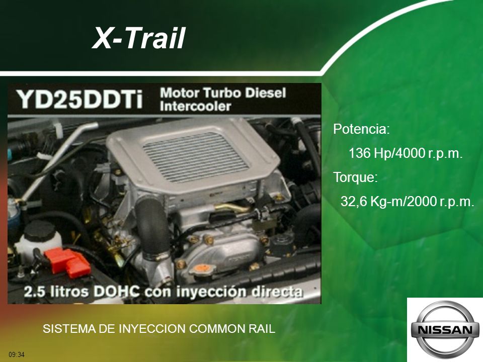 X-Trail Potencia: 136 Hp/4000 r.p.m. Torque: 32,6 Kg-m/2000 r.p.m.