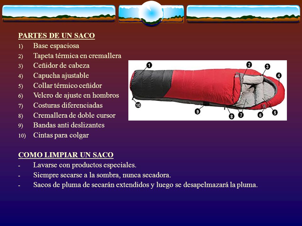 PARTES DE UN SACO Base espaciosa. Tapeta térmica en cremallera. Ceñidor de cabeza. Capucha ajustable.