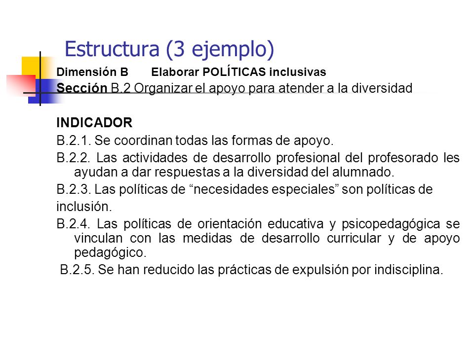 Estructura (3 ejemplo) Dimensión B Elaborar POLÍTICAS inclusivas. Sección B.2 Organizar el apoyo para atender a la diversidad.