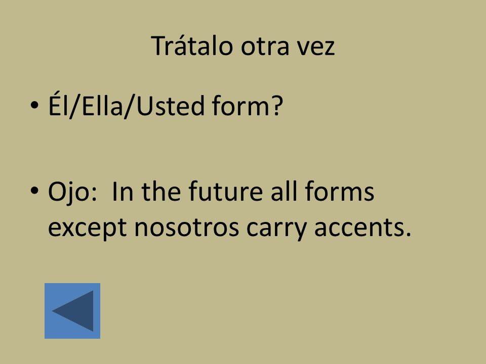 Trátalo otra vez Él/Ella/Usted form Ojo: In the future all forms except nosotros carry accents.