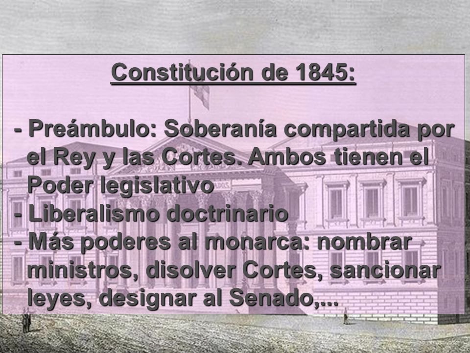 Constitución de 1845: - Preámbulo: Soberanía compartida por. el Rey y las Cortes. Ambos tienen el.