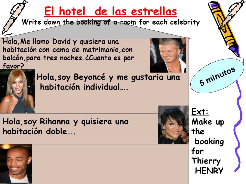 El hotel de las estrellas Write down the booking of a room for each celebrity