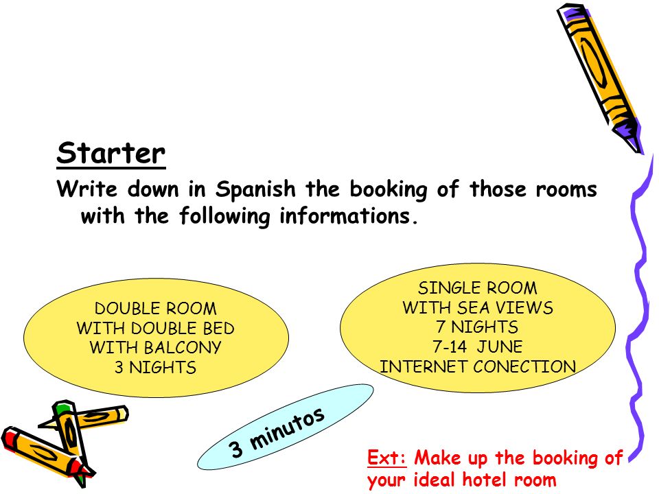 Starter Write down in Spanish the booking of those rooms with the following informations. SINGLE ROOM.