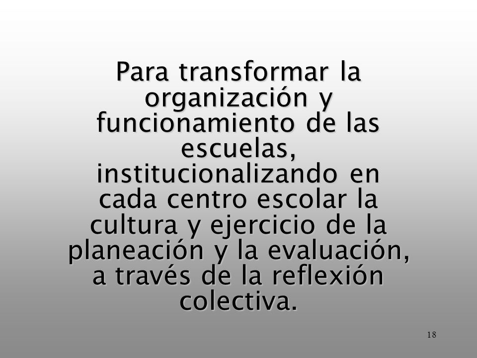 Para transformar la organización y funcionamiento de las escuelas, institucionalizando en cada centro escolar la cultura y ejercicio de la planeación y la evaluación, a través de la reflexión colectiva.