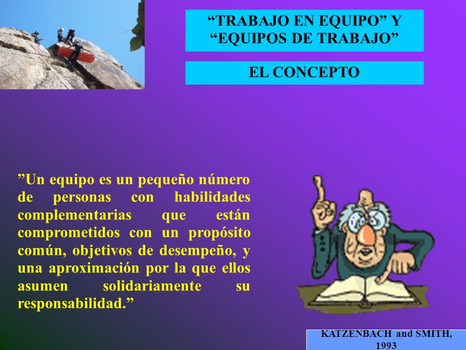Un equipo es un pequeño número de personas con habilidades complementarias que están comprometidos con un propósito común, objetivos de desempeño, y una aproximación por la que ellos asumen solidariamente su responsabilidad.