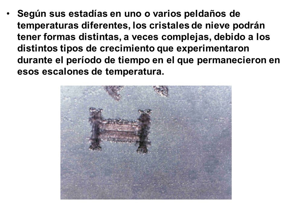 Según sus estadías en uno o varios peldaños de temperaturas diferentes, los cristales de nieve podrán tener formas distintas, a veces complejas, debido a los distintos tipos de crecimiento que experimentaron durante el período de tiempo en el que permanecieron en esos escalones de temperatura.