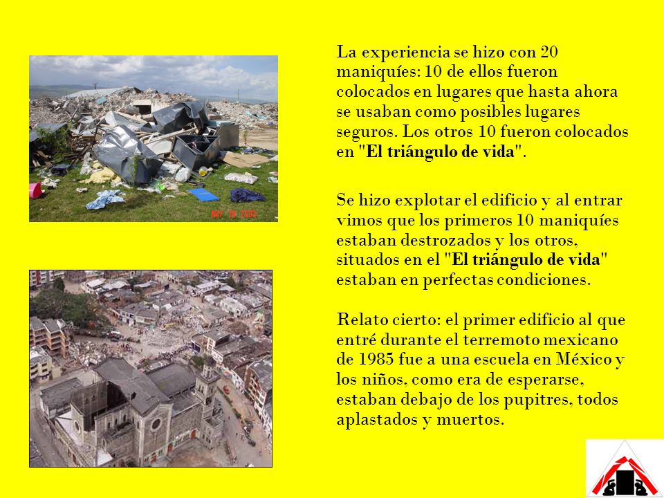 La experiencia se hizo con 20 maniquíes: 10 de ellos fueron colocados en lugares que hasta ahora se usaban como posibles lugares seguros. Los otros 10 fueron colocados en El triángulo de vida .