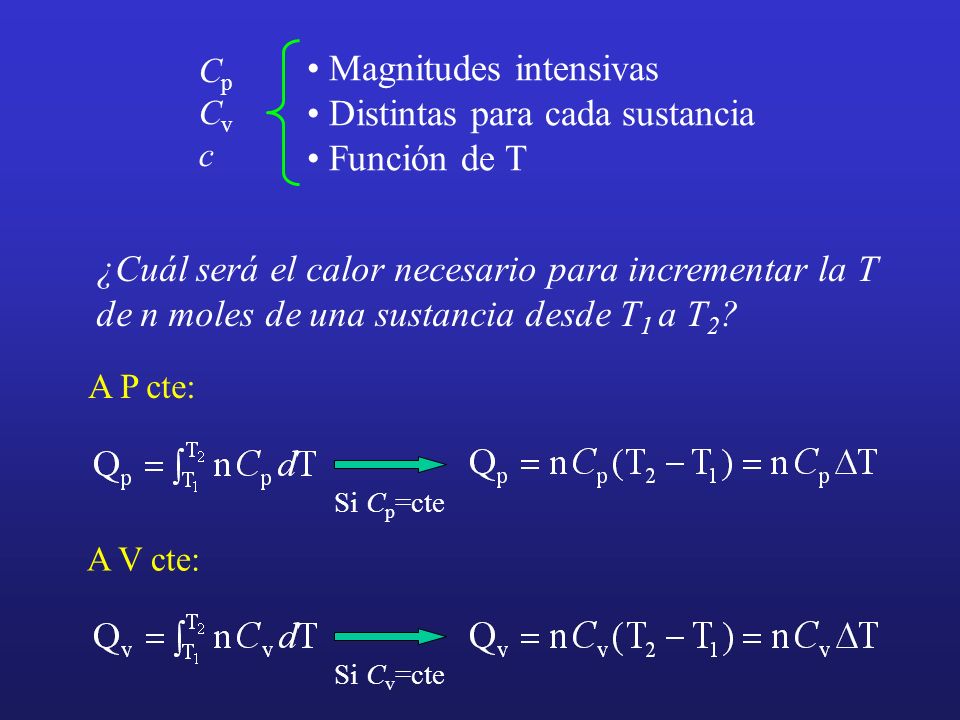 Magnitudes intensivas Distintas para cada sustancia Función de T