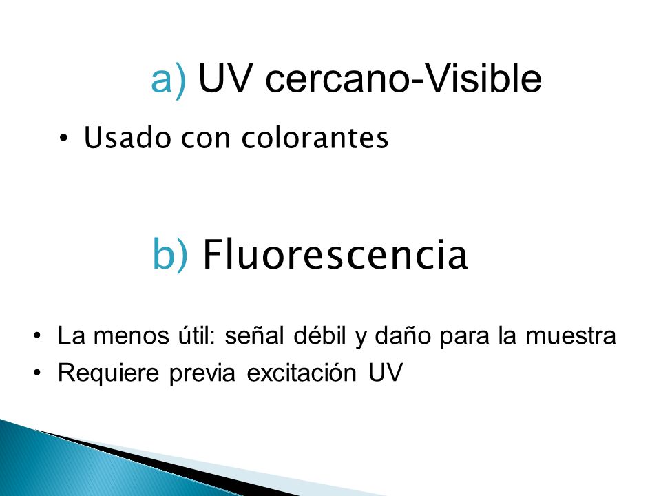 a) UV cercano-Visible b) Fluorescencia Usado con colorantes