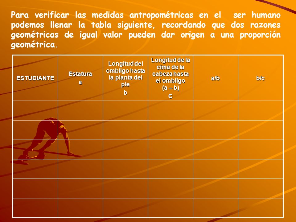 Para verificar las medidas antropométricas en el ser humano podemos llenar la tabla siguiente, recordando que dos razones geométricas de igual valor pueden dar origen a una proporción geométrica.