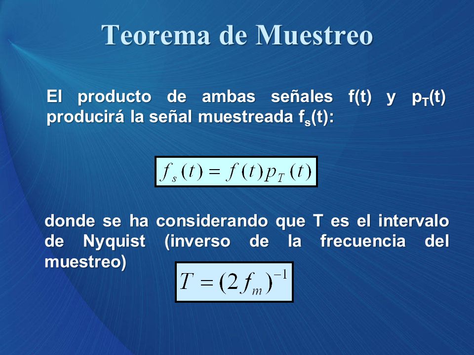 Teorema de Muestreo El producto de ambas señales f(t) y pT(t) producirá la señal muestreada fs(t):
