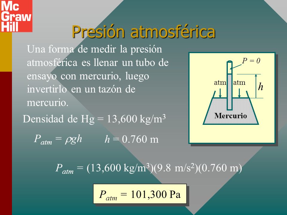 Presión atmosférica Una forma de medir la presión atmosférica es llenar un tubo de ensayo con mercurio, luego invertirlo en un tazón de mercurio.
