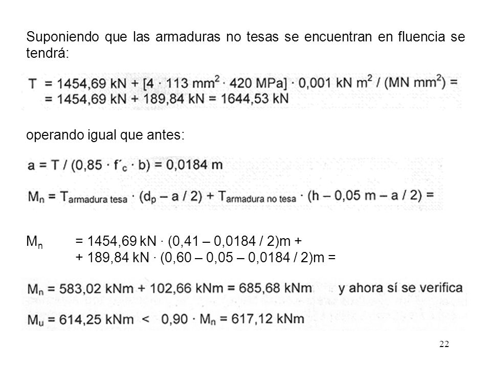 Suponiendo que las armaduras no tesas se encuentran en fluencia se tendrá: