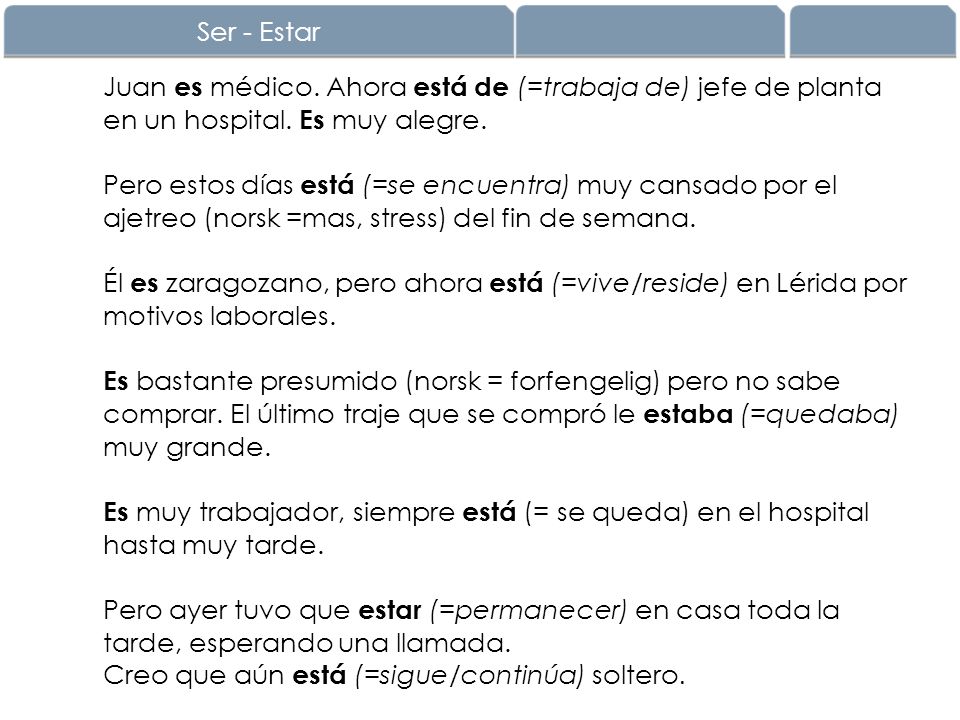 Ser - Estar Juan es médico. Ahora está de (=trabaja de) jefe de planta en un hospital. Es muy alegre.