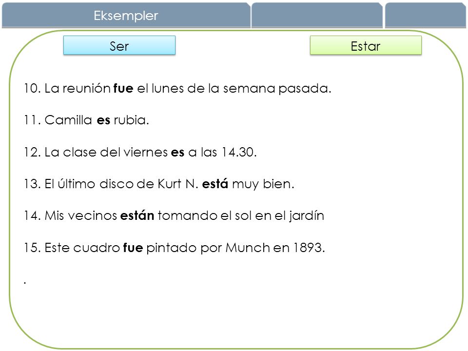 Eksempler Ser. Estar. 10. La reunión fue el lunes de la semana pasada. 11. Camilla es rubia. 12. La clase del viernes es a las