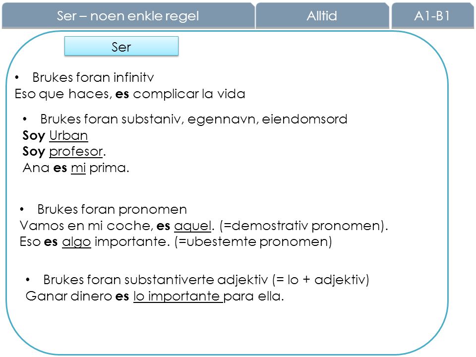 Ser – noen enkle regel Alltid. A1-B1. Ser. Brukes foran infinitv. Eso que haces, es complicar la vida.