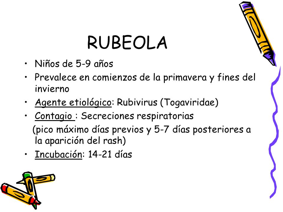 RUBEOLA Niños de 5-9 años. Prevalece en comienzos de la primavera y fines del invierno. Agente etiológico: Rubivirus (Togaviridae)